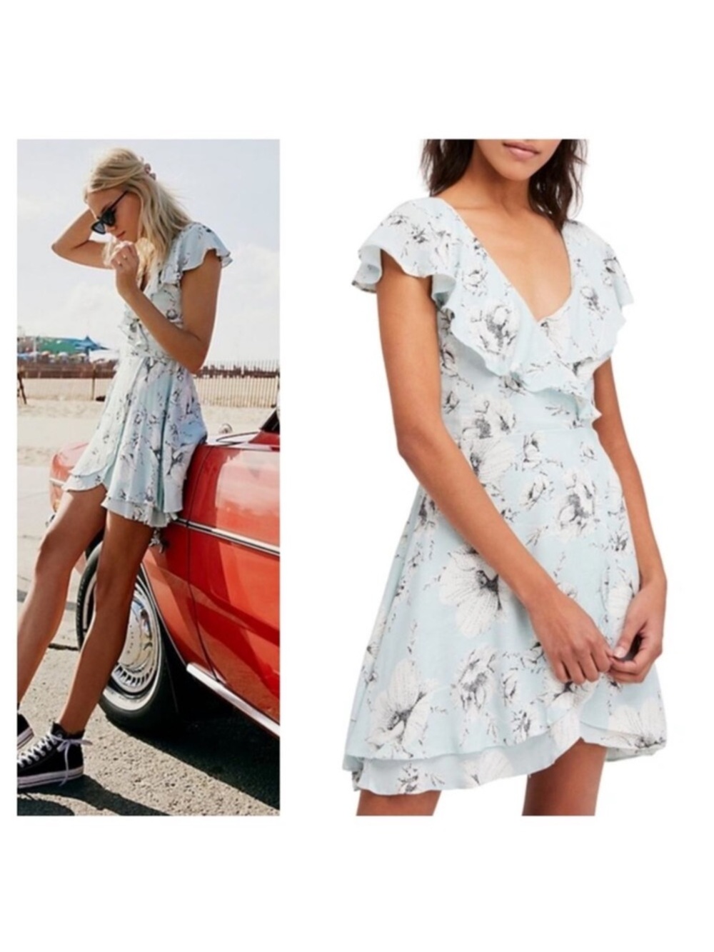 FREE PEOPLE Mint Blue Floral Print French Quarter' Ruffle Wrap Dress Small